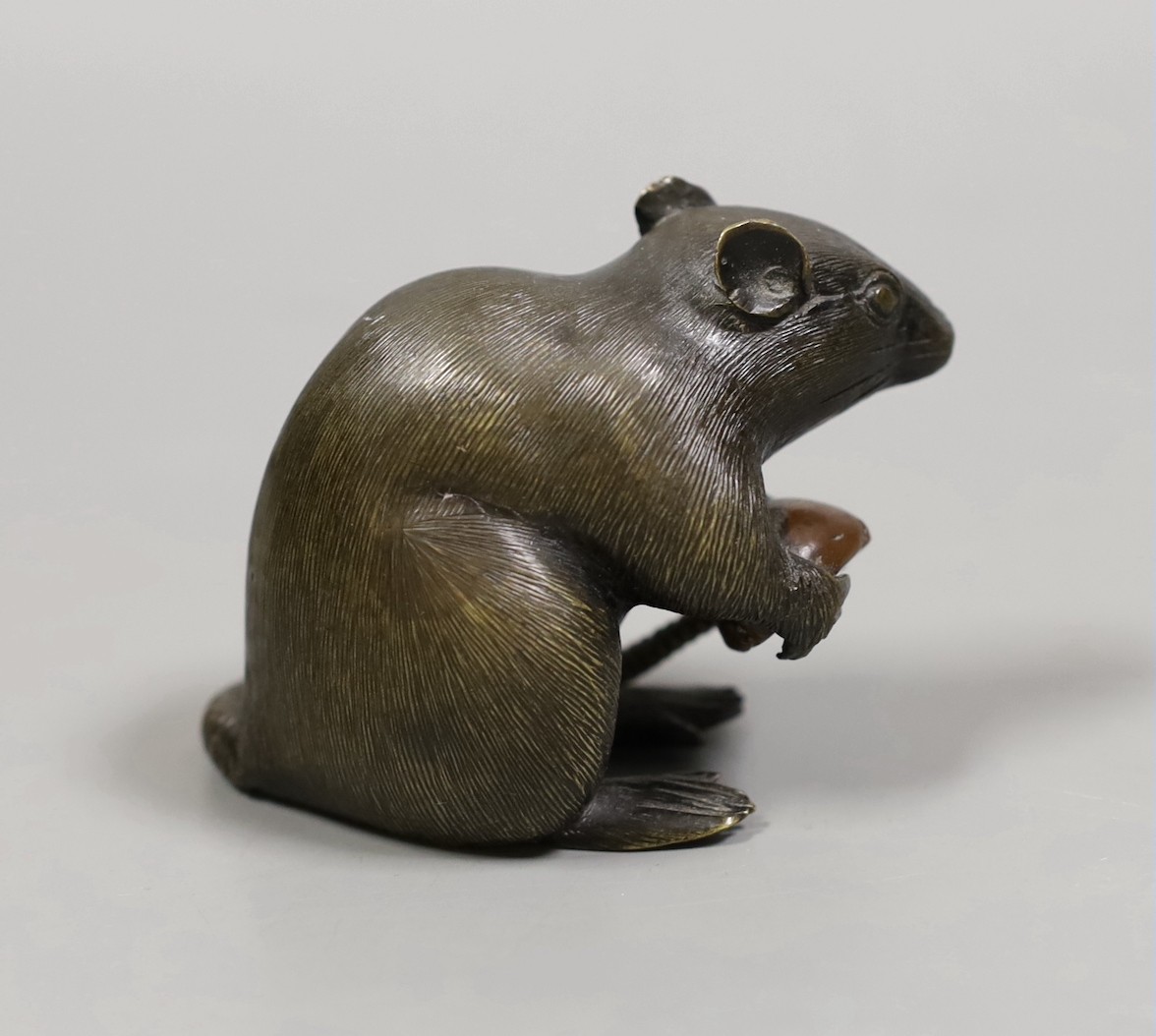 A small Meiji Japanese bonze seated rat with nut, kakihan mark, 7cm tall
